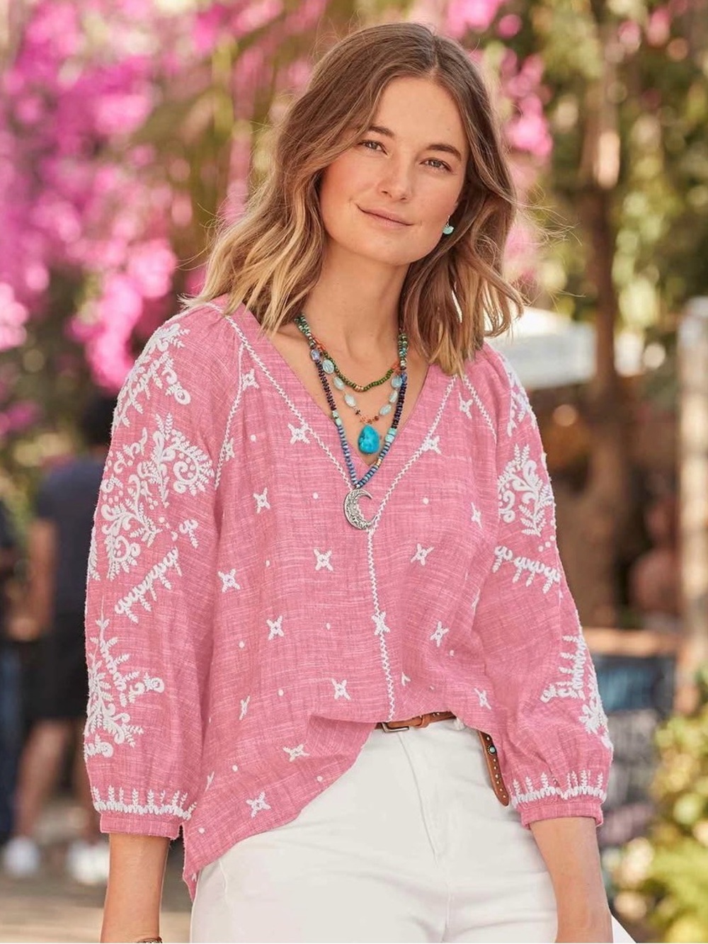 Johnny Was Pink Embroidered Cotton Top